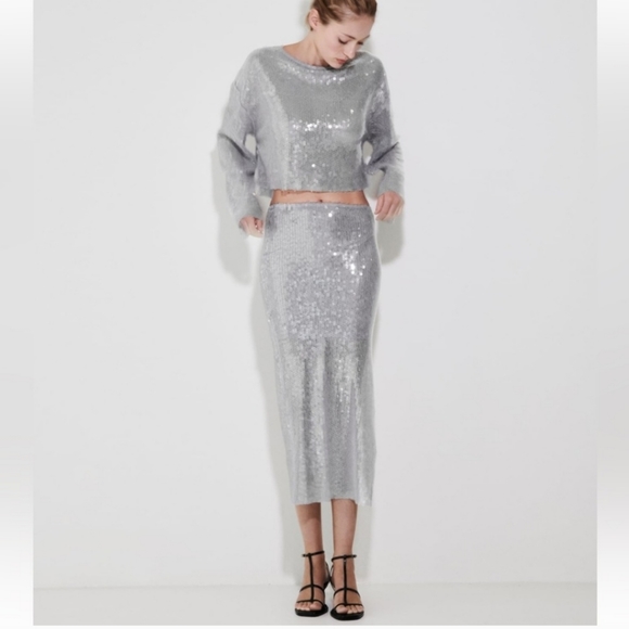 Zara * Set Sequin Skirt & Top Silver Size S - Picture 13 of 16